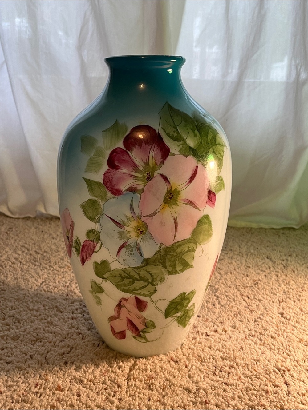 Hand-painted porcelain vase with morning glory and pansy floral design